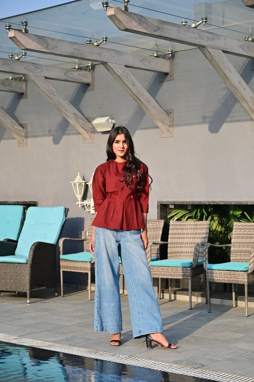 Sakshi's Maroon Peplum Buttoned Top