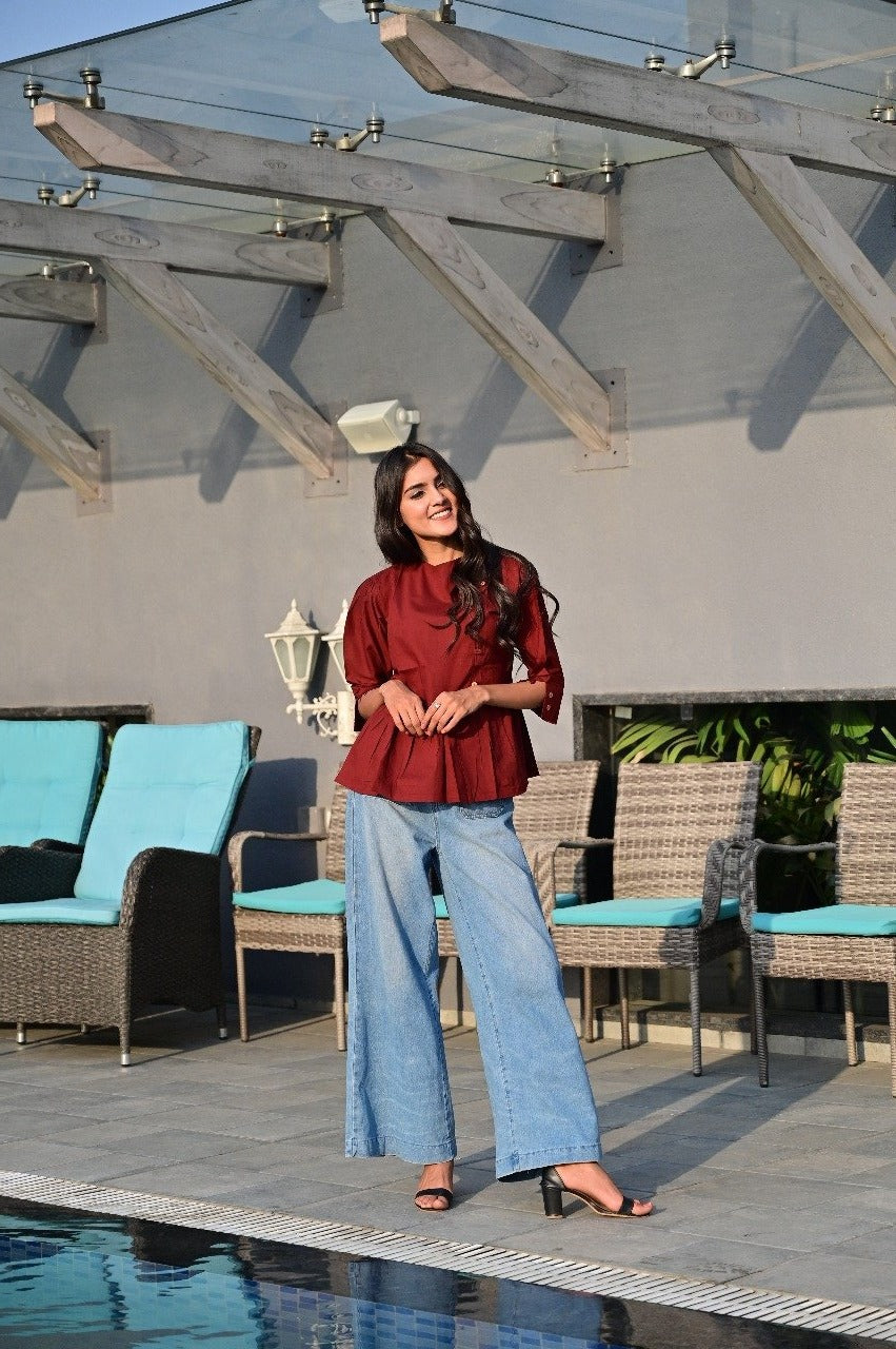 Sakshi's Maroon Peplum Buttoned Top