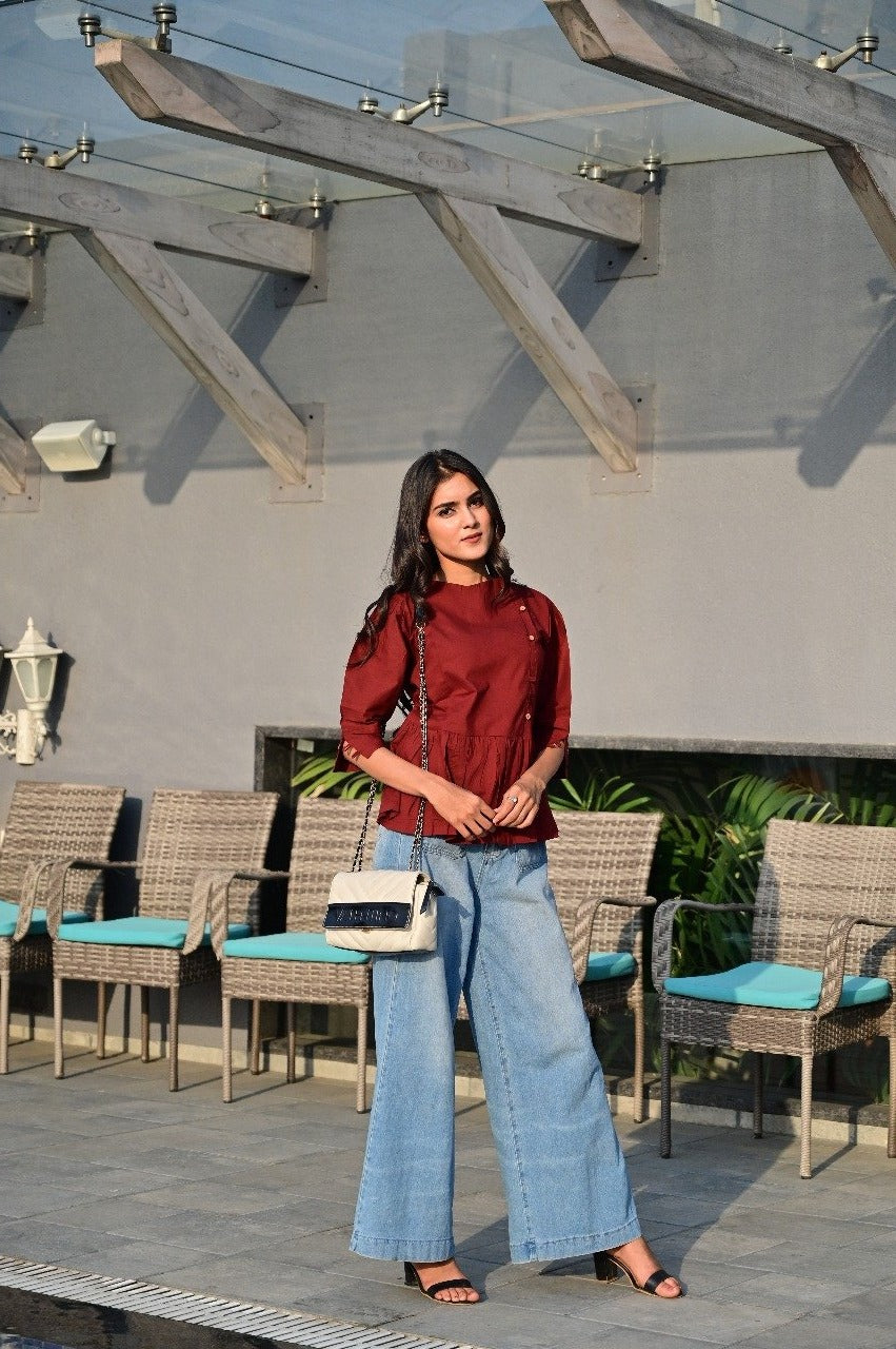 Sakshi's Maroon Peplum Buttoned Top